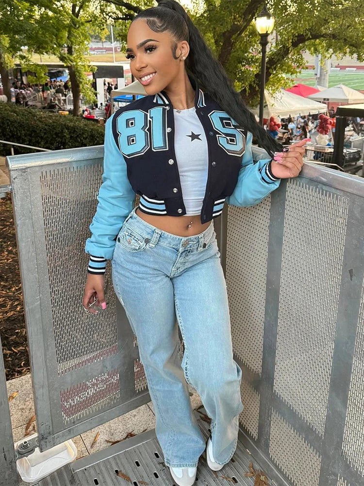 Nibber Sporty Jacket Woman Contrast Patchwork Baseball Autumn Trend Letter Print Single-Breasted Full Sleeve Casual Style Coats