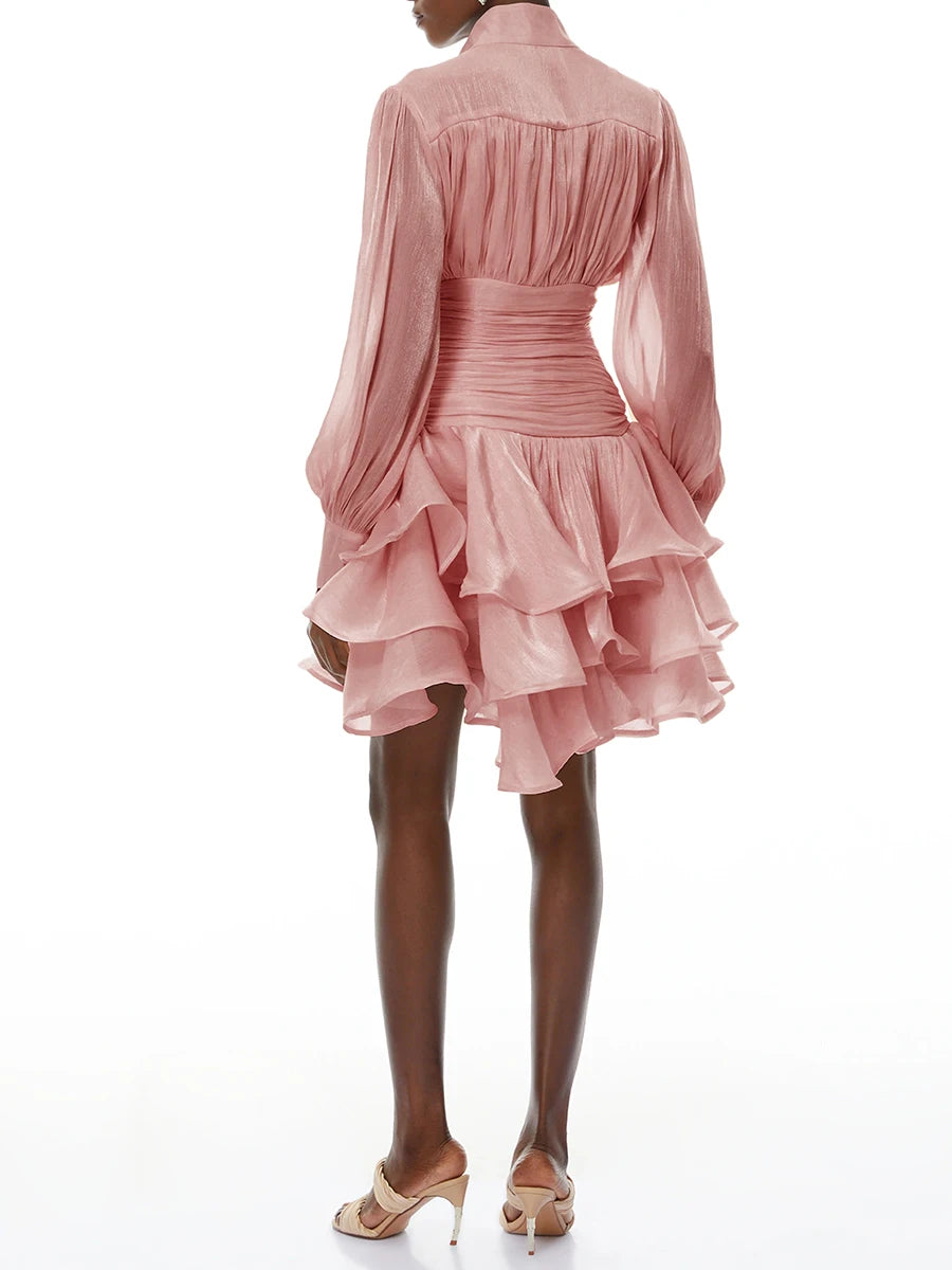 Elegant High Neck Organza Dresses Mini — Pink | KIMLUD
