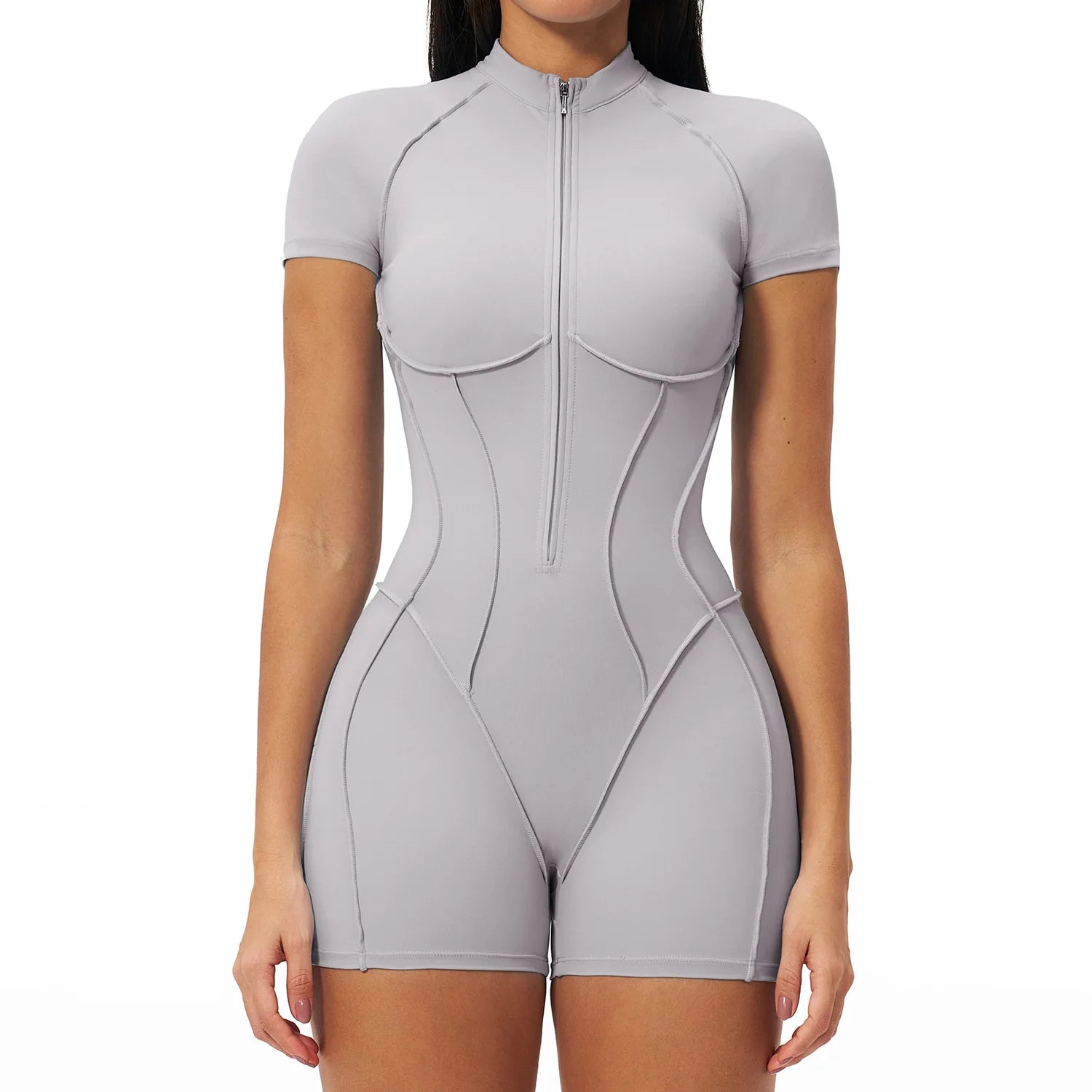 Performance Stretch Jersey Zippered Yoga Bodysuit Short Sleeves For Studio To Street — Red | KIMLUD