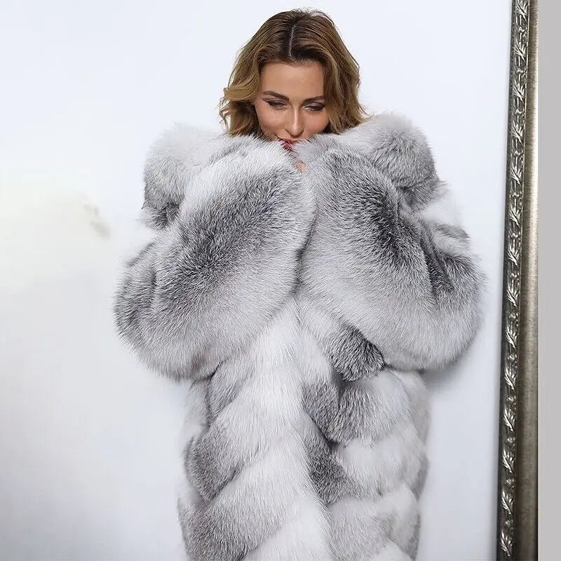 Luxury Women Genuine Cross Fox Fur Coat Full Pelt Natural Fox Fur Collar Thick Outwear Winter Warm Real Fur Overcoats