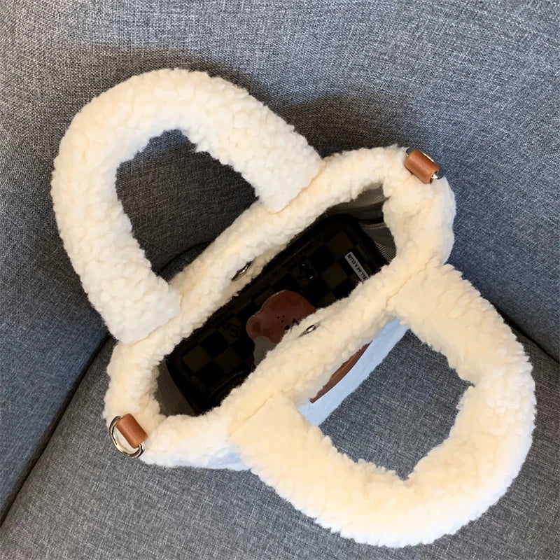 Faux Lamb Wool Women's Small Bucket Bags Winter Fashion Ladies Plush Shoulder Crossbody Bag Soft Furry Purse Female Handbags