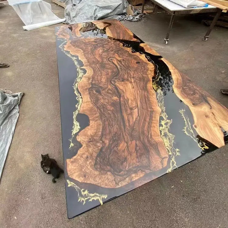 KIMLUD, Solid Walnut Wood Luxury Dining Restaurant Rectangular Ocean River Epoxy Resin Slab Kitchen Table, KIMLUD Womens Clothes