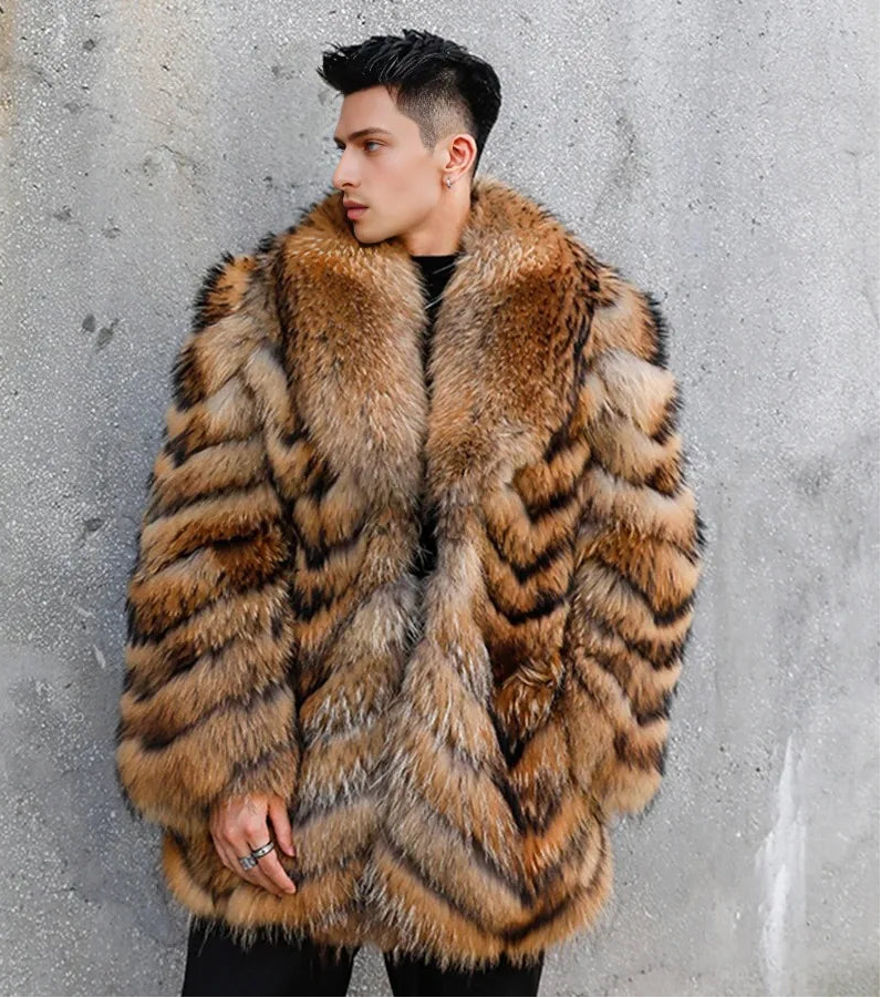 Person wearing a fur coat standing against a concrete wall.