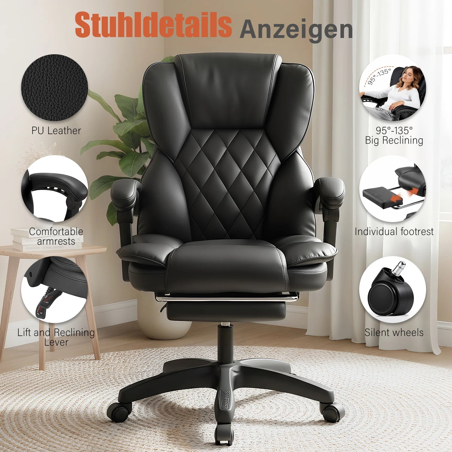 Office Chair - 150Kg Capacity - PU Leather - Black/White | KIMLUD