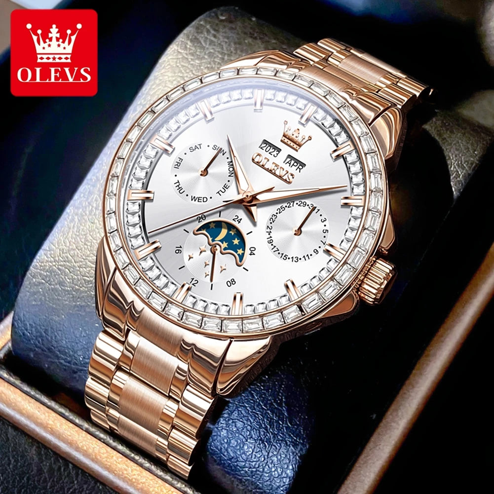 Rose-Gold Moon Phase Diamond Bezel Watch — Black | KIMLUD