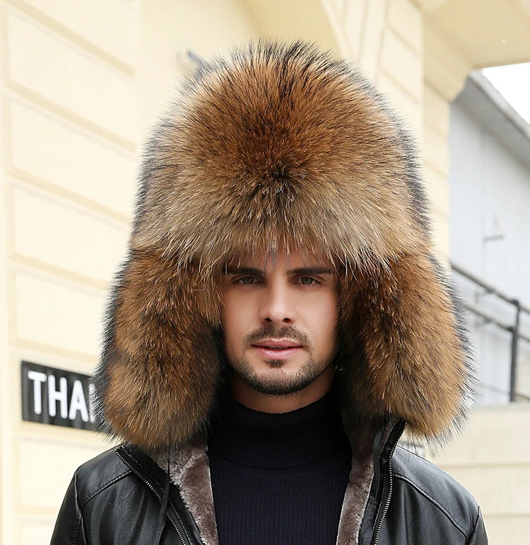 2025 Winter 100% Real Silver Fox Fur Bomber Hat Raccoon Fur Ushanka Cap Trapper Russian Men's Ski Hats Caps