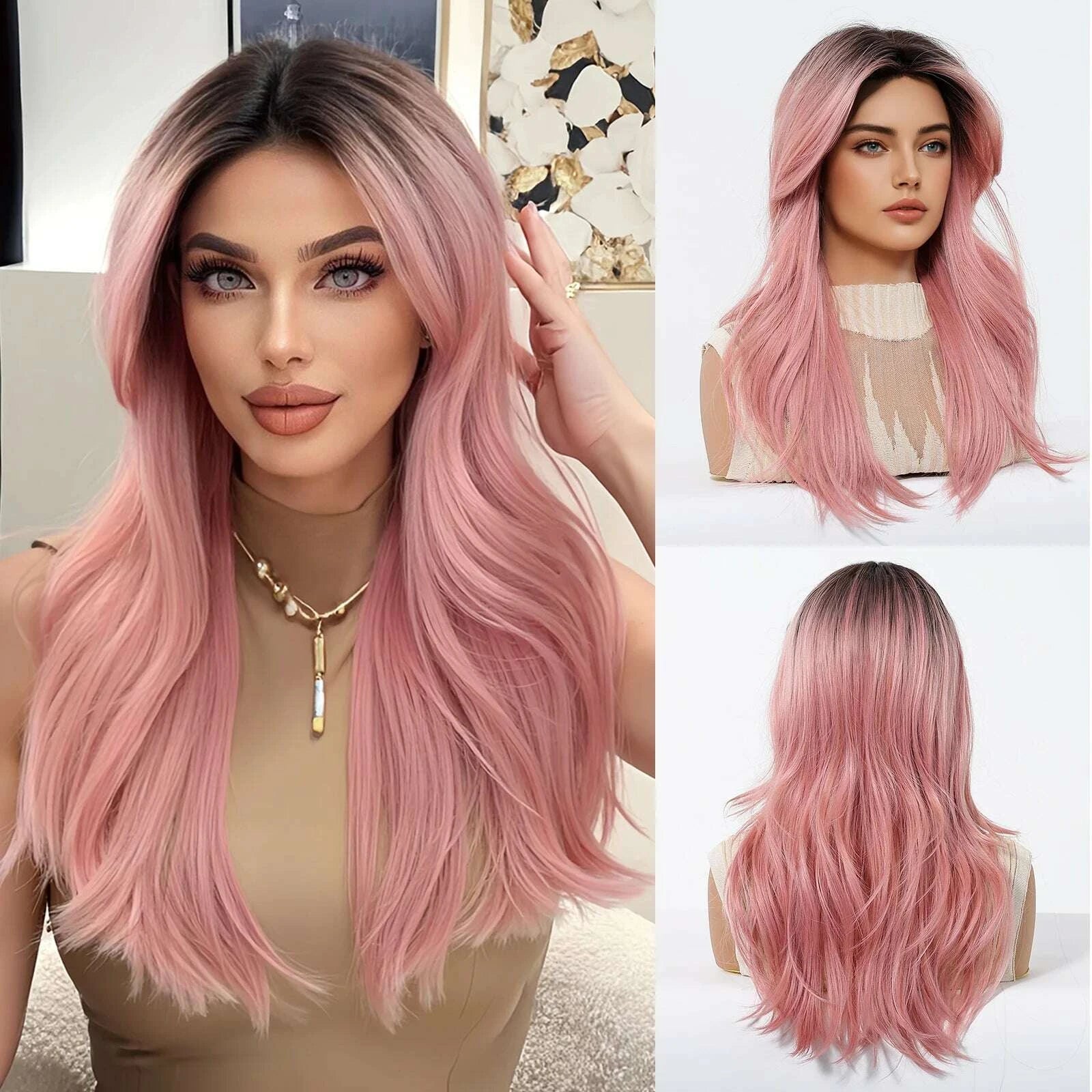 KIMLUD, Golden Blonde Mixed Synthetic Wig Dark Root Wavy Hair With Side Bangs for Women Daily Party Cosplay wig Heat Resistant Fiber, KIMLUD Womens Clothes
