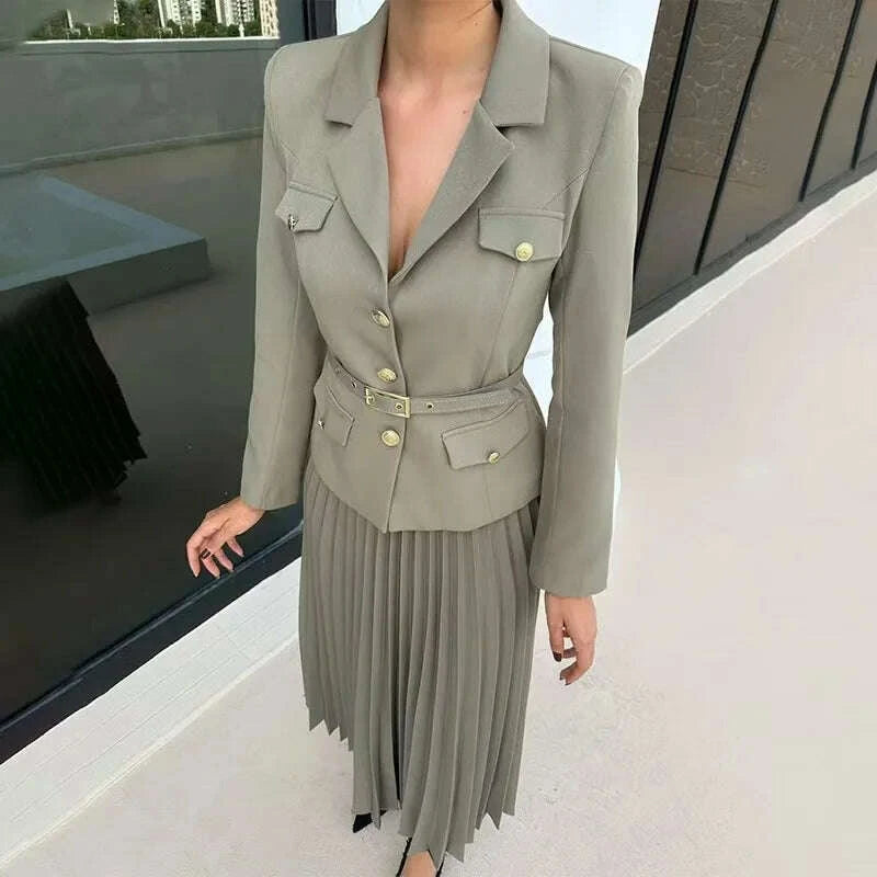 KIMLUD, Elegant Women Two Pieces Set Single-breasted Lapel Jacket Coat Belt Pleated Midi Skirt Suit 2025 office Lady New In Matching Set, KIMLUD Womens Clothes