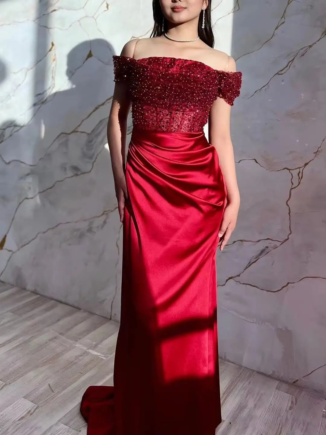 Mermaid Evening Gown – Off Shoulder Corset Beading – Satin – Multicolor | KIMLUD