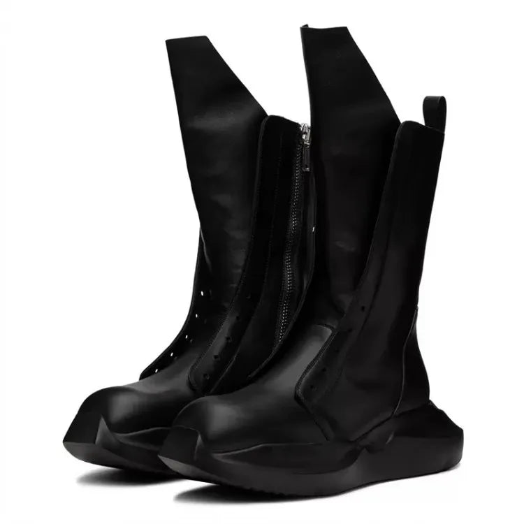 Gothic Men Thick Platform Mid Calf Boots Height Increasing Cowhide Genuine Leather Sneakers Man High Top Moto Biker Safety Shoes