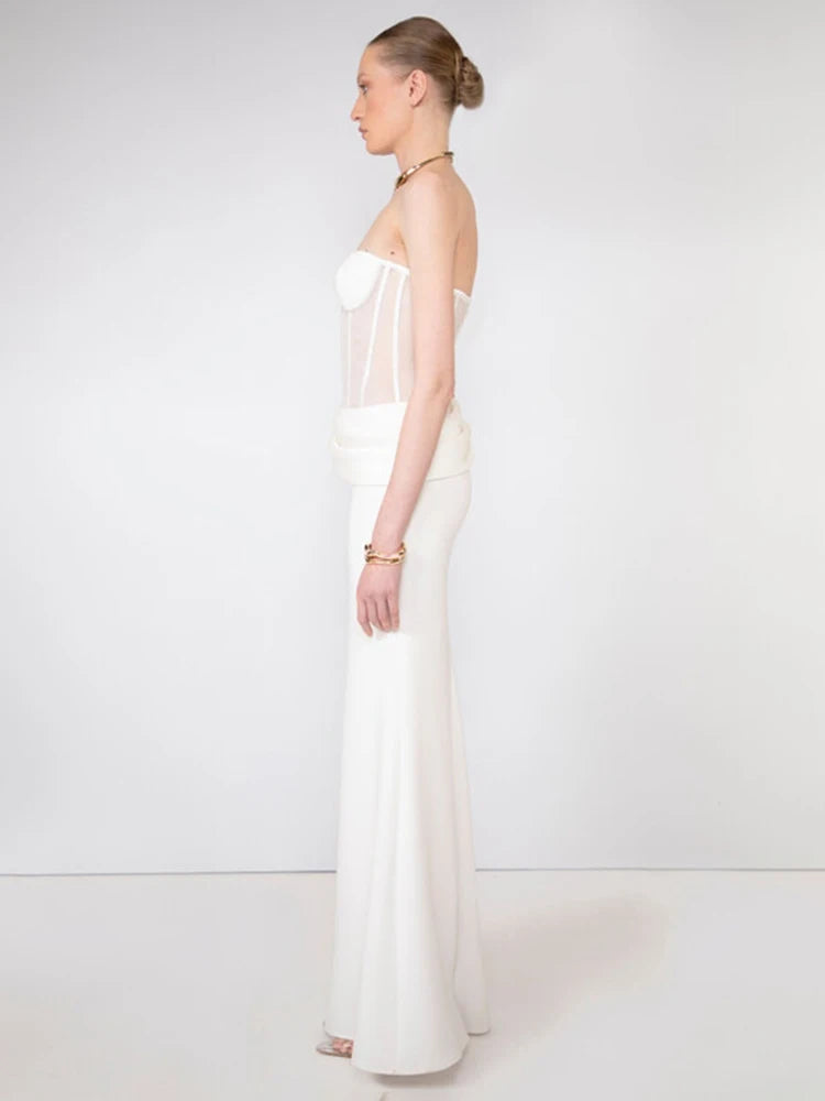 VC Elegant White Corset Simple Wedding Dress – Strapless Sheer Bodice Maxi Dress for Women Modern Minimalist Engagement Dress