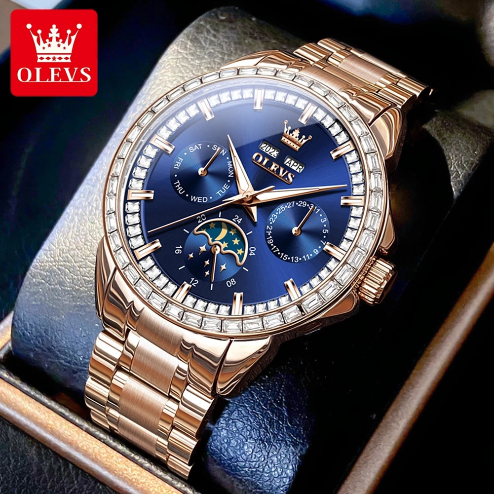 Rose-Gold Moon Phase Diamond Bezel Watch — Black | KIMLUD