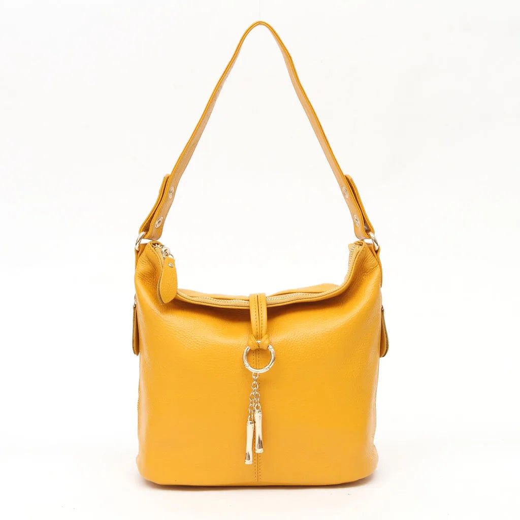 Genuine Leather Hobo Bag With Ring Accent — Red | KIMLUD