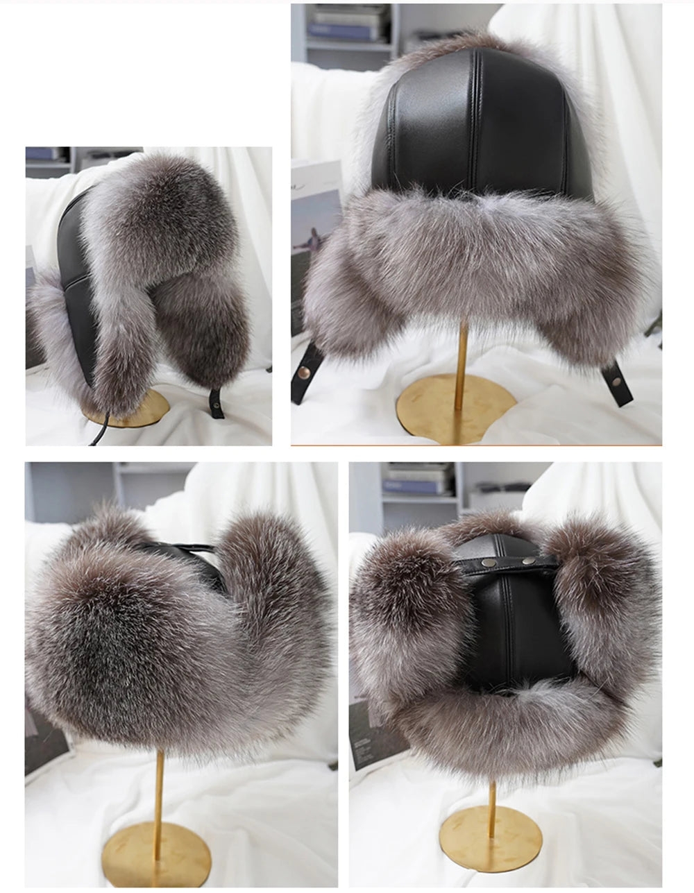 Fashion Winter Men's 100% Real Silver Fox Fur Bomber Hat Raccoon Fur Ushanka Cap Trapper Russian Man Ski Hats Caps Real Leather