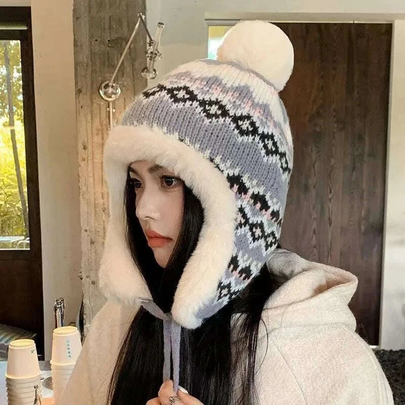 KIMLUD, Winter thick Lei Feng hat, winter warm and cold ear hanging hat, ethnic style knitted hat, KIMLUD Womens Clothes