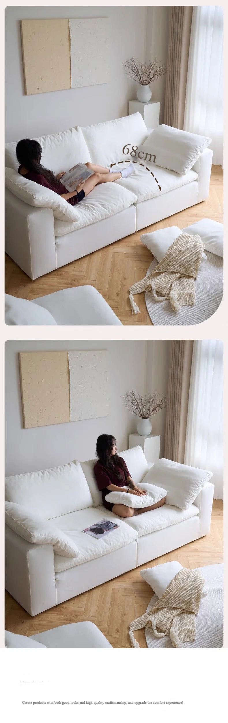 Velvet L-Shaped Sofa With Two-Three Seater Config — Ivory | KIMLUD