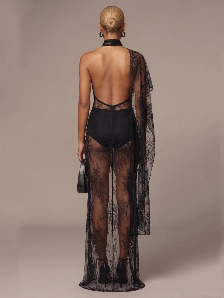 Dresses – Backless High Neck Lace See-Through – Slim Silhouette – Black | KIMLUD