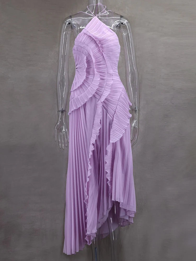 Mozision Elegant Off-shoulder Ruffle Sexy Maxi Dress Women Fashion Halter Sleeveless Backless Draped Pleated Club Party Dress