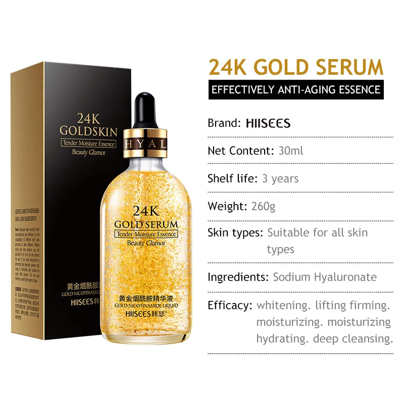 30/100ml 24k Gold Hyaluronic Acid Nicotinamide Face Serum Anti Aging Facial Lifting Collagen Essence Skin Care Whitening Serum