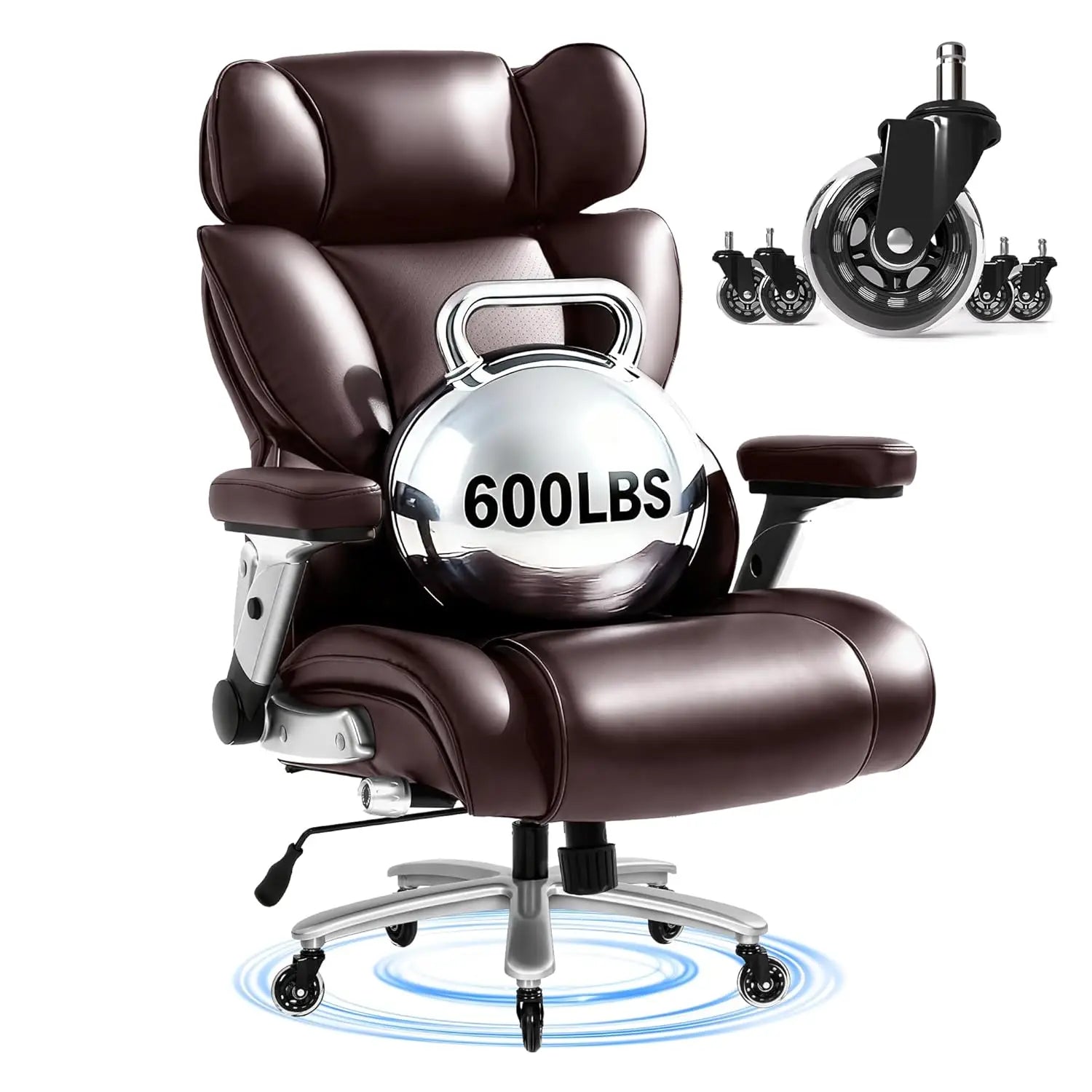 Leather and Steel Office Chair 600lbs Capacity with 2D Lumbar — Black | KIMLUD