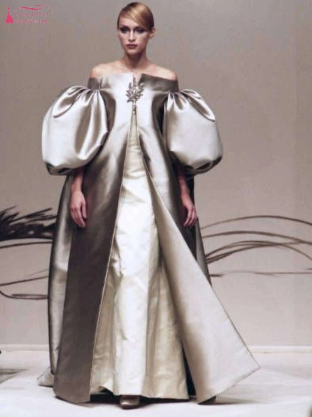Mikado Satin Runway Show Coat ,Puffy Sleeves Long Women Evening Party