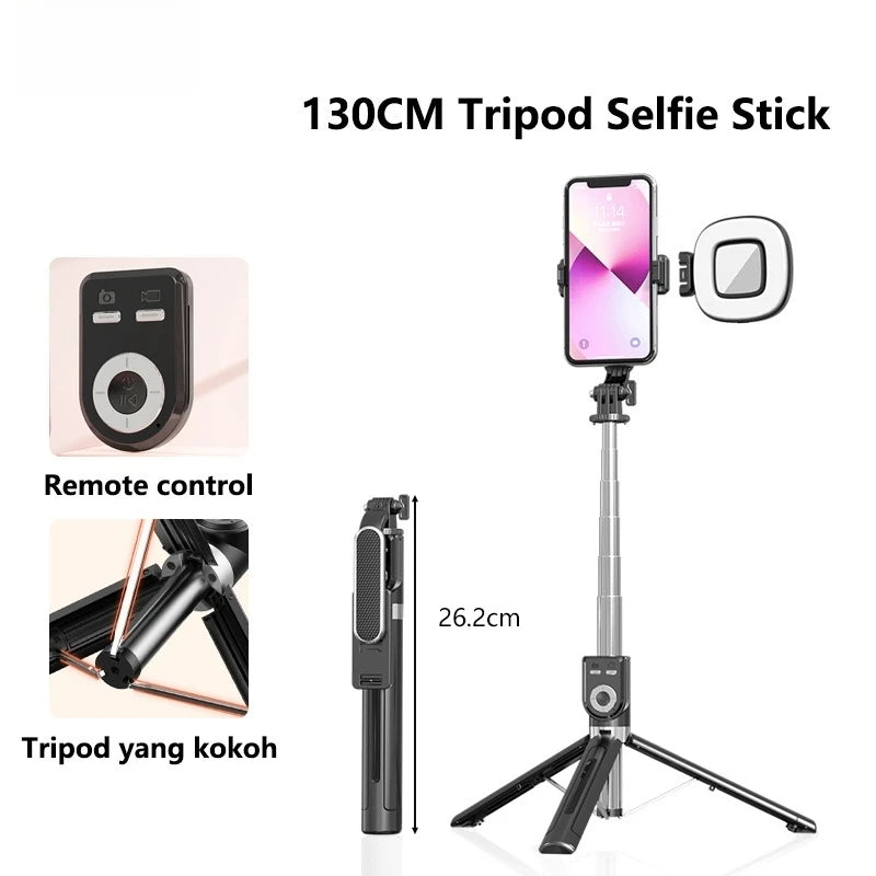1.3m Portable Selfie Stick Retractable Tripod Phone Stand with Dual Fill Lights 360° Rotating Photography Live Streaming Devices