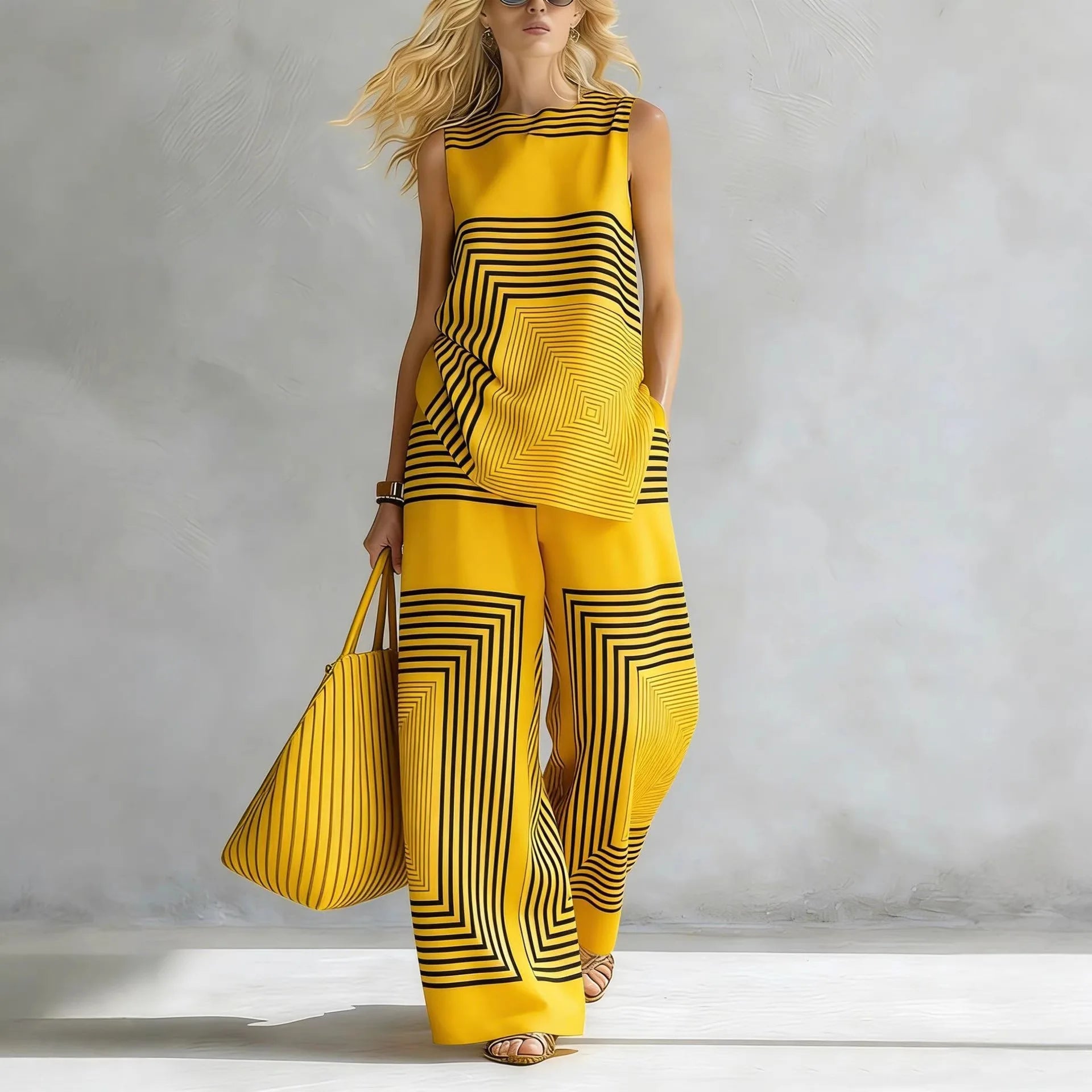 Striped 2-Piece Set — Sleeveless Vest & High-Waist Wide-Leg Pants | KIMLUD