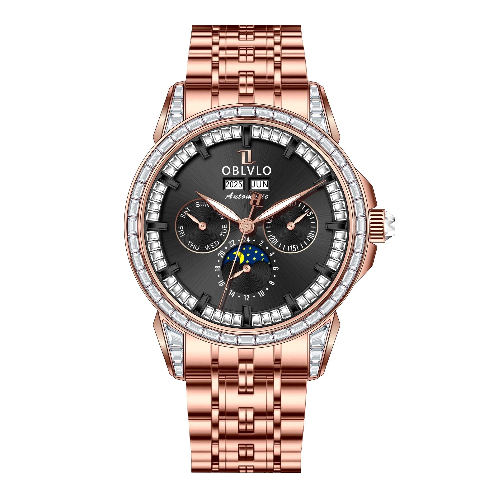Moonphase Automatic Leather Strap Watch Complete Calendar — Red | KIMLUD