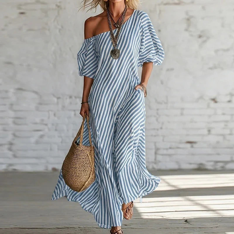 Polyester Patchwork Striped Maxi Dress — Black | KIMLUD