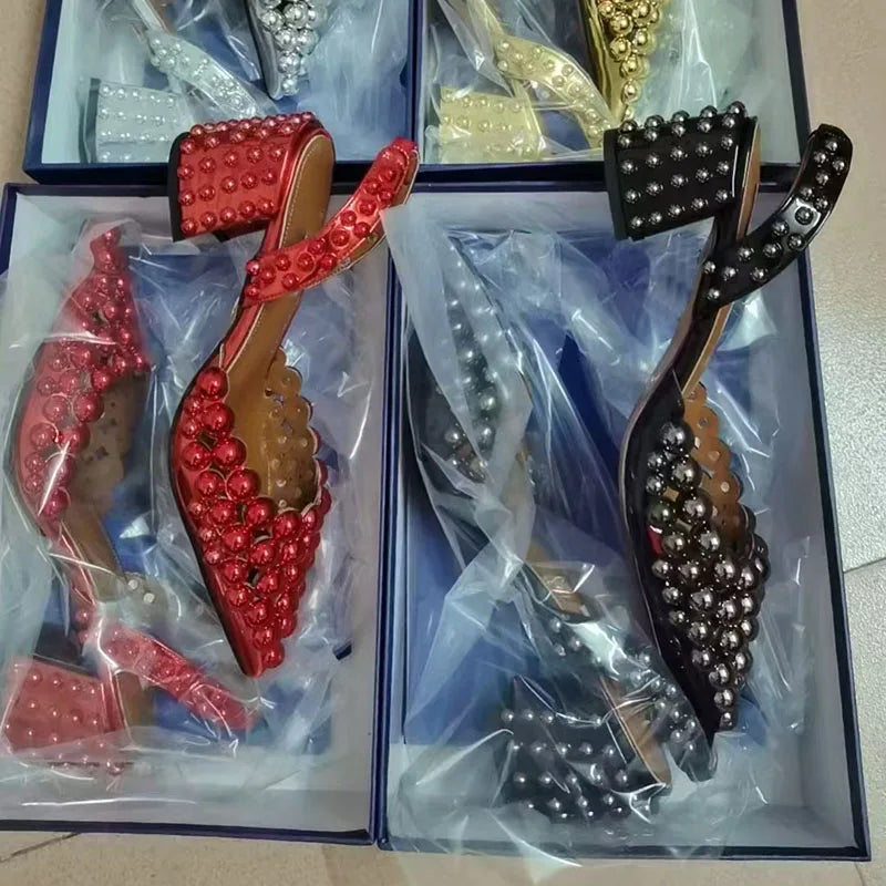 Rivet Studded Sandals With Crystal Bead — Red | KIMLUD