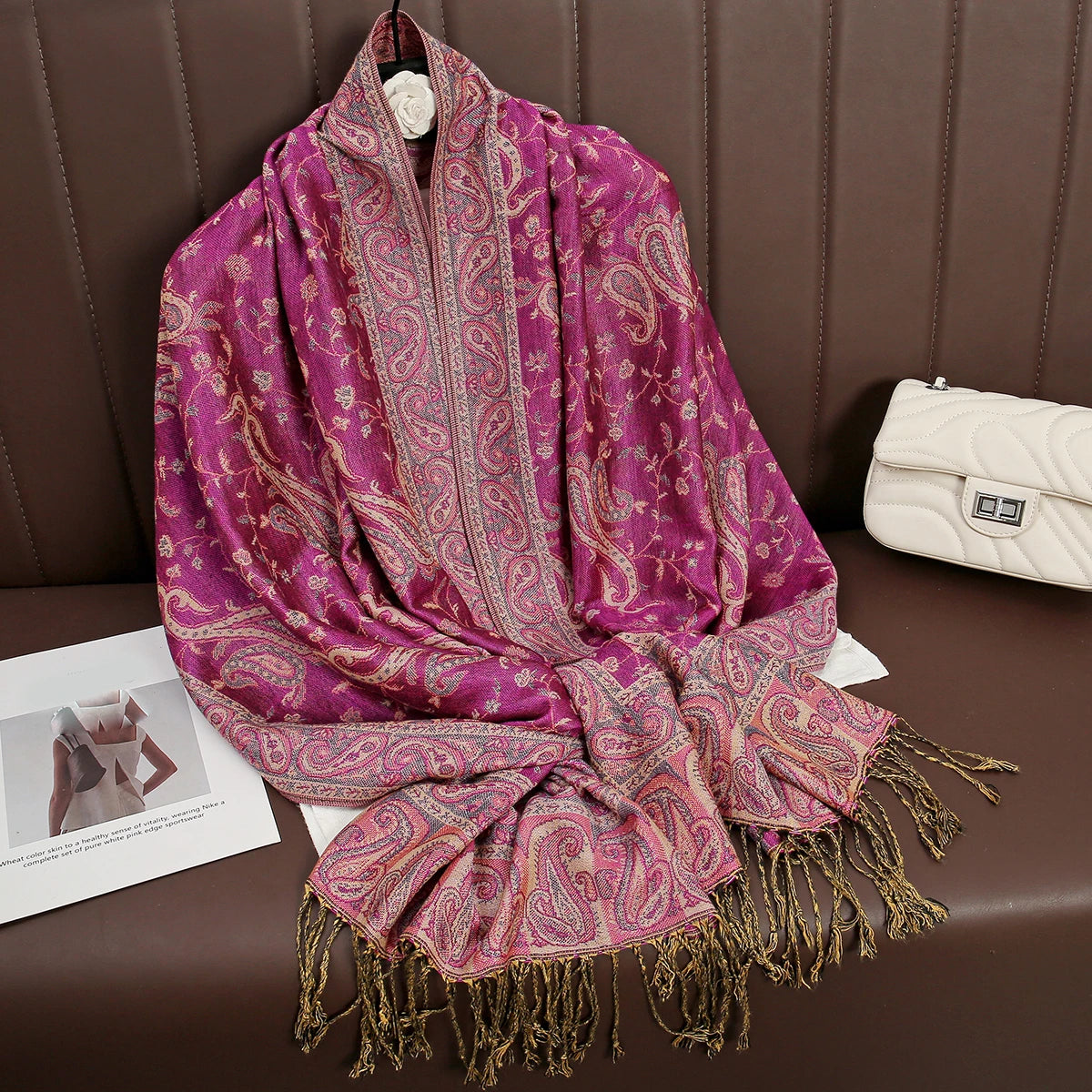 Cashmere Pashmina Shawl With Autumn Print Design, Olive Accents And Gold-Toned Fringe — Red | KIMLUD
