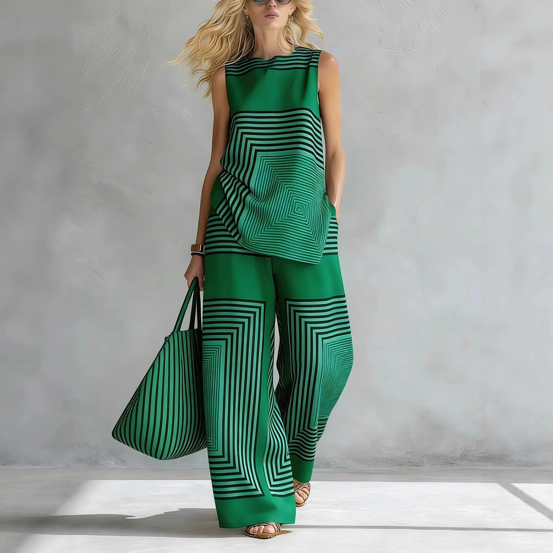Striped 2-Piece Set — Sleeveless Vest & High-Waist Wide-Leg Pants | KIMLUD