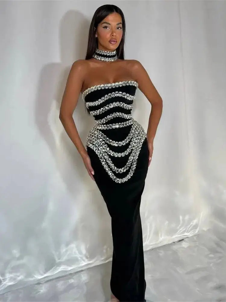 Brand New Ins 2025 Women Black Strapless Crystal Bandage Bodycon Dress Designer Collar Elegant Evening Party Dress Vestido
