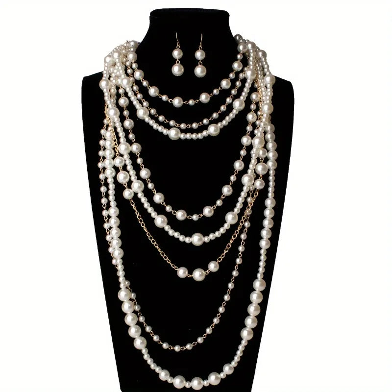 Pearl-Chain Necklace Long Layered Statement — White | KIMLUD