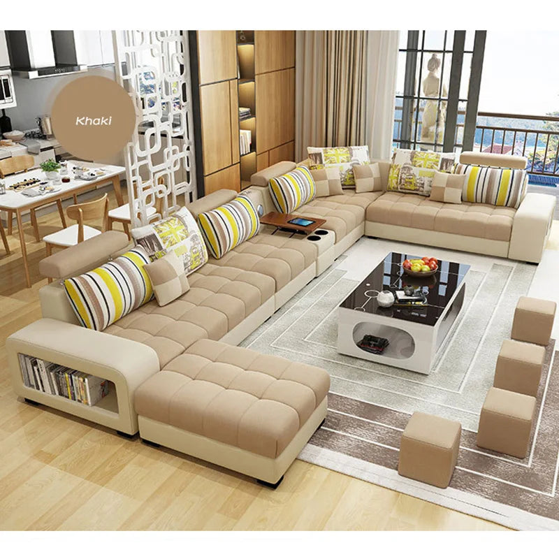 Wooden L-Shaped Sofa Set Light Luxury With Tufted Cushions And Integrated Arm Shelf — Ivory | KIMLUD