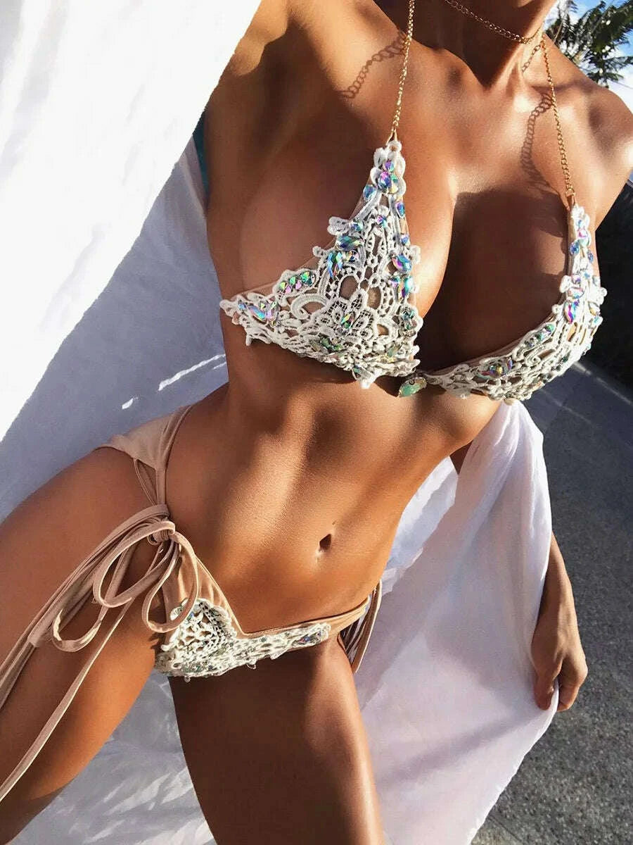 KIMLUD, New Sexy Crystal Diamond Bikini 2023 Women Cross Bandage Swimsuit Female Swimwear Two Pieces bikini set Halter Bathing Suit Swim, KIMLUD Womens Clothes