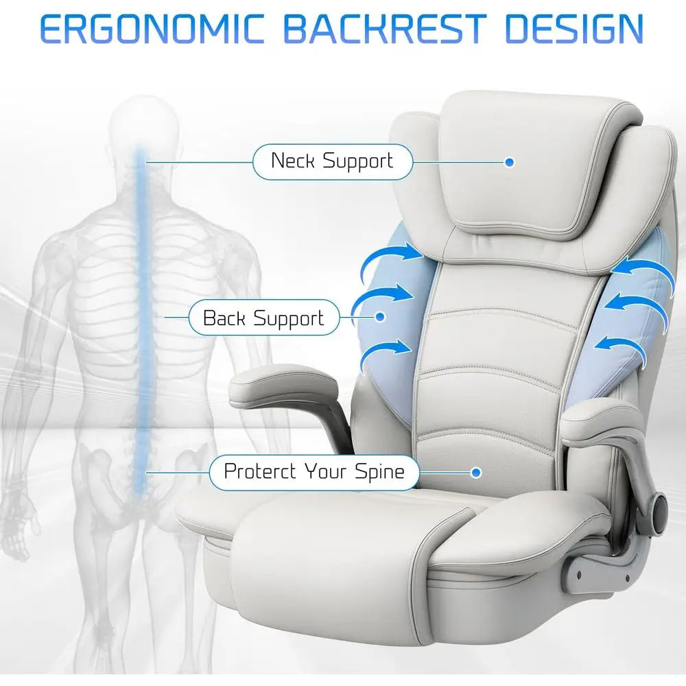 Ergonomic Leather Executive Chair with Wide Seat for 400lb Capacity, High Back and Flip-Up Arms, White