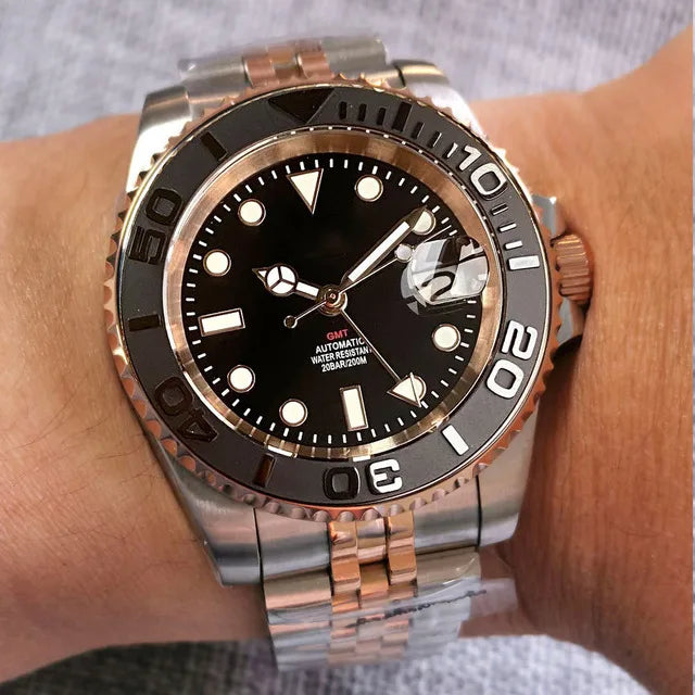 20ATM Waterproof 40mm Rose Gold NH34 GMT Automatic Watch For Men Steel Strap Ceramics Bezel Sapphire Glass Luminous