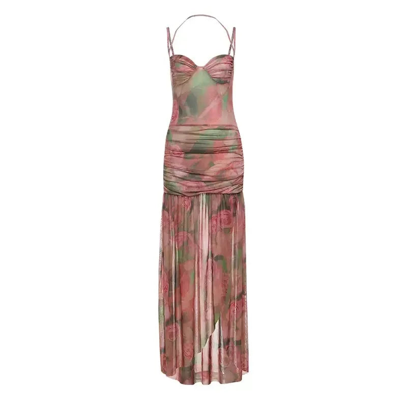 Mesh Maxi Top With High Collar Plant Print Open Split And Sheer Overlay — Black | KIMLUD