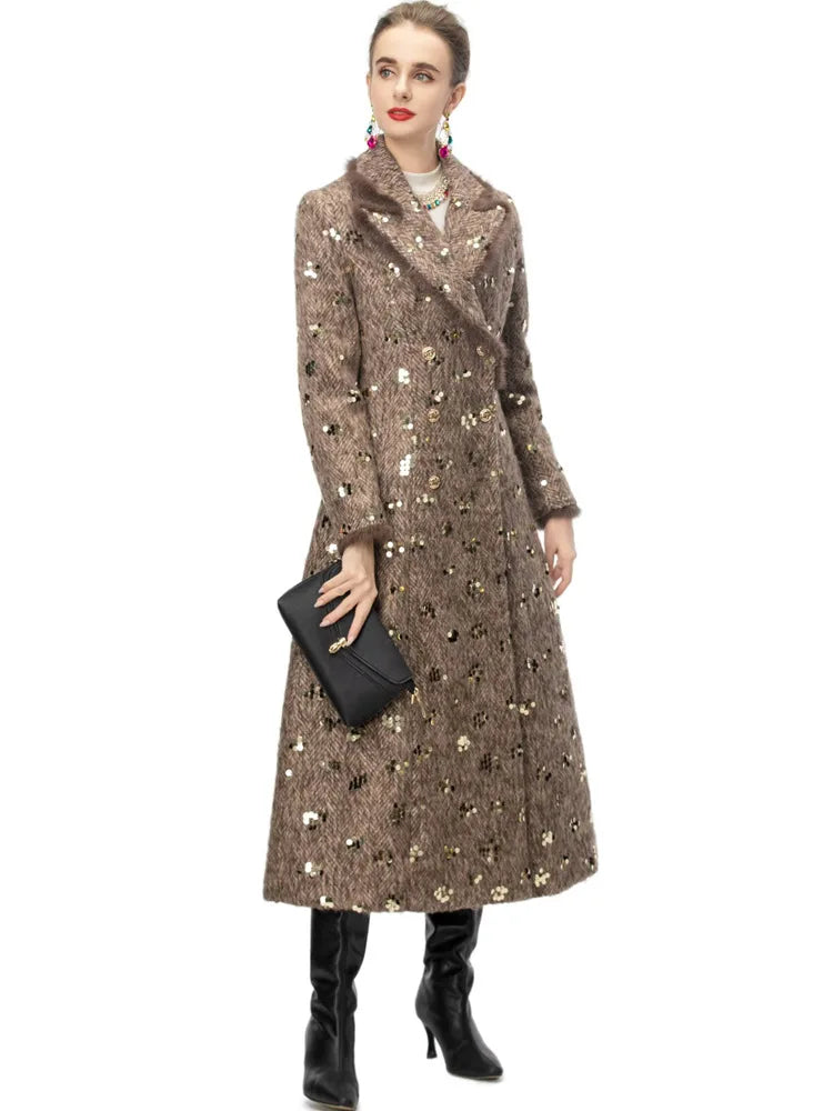 IEQJ Fashion Autumn Winter Woolen Coat Women Turn-Down Collar Fur EdgeDouble Breasted Long Sleeves Sequins Slim Blends Coat New
