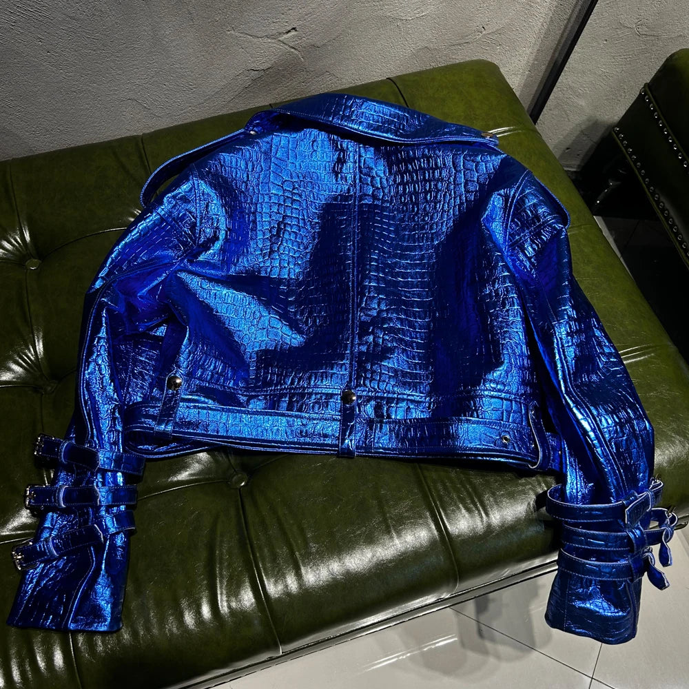 Shiny Blue Women Leather Jacket Real Lambskin Leather Cloth Streetwear Leather Jackets