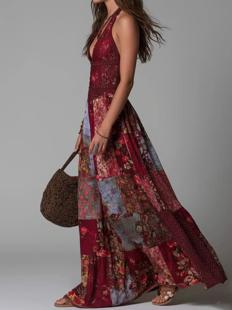 Polyester Patchwork Leopard Maxi Dress — Purple | KIMLUD