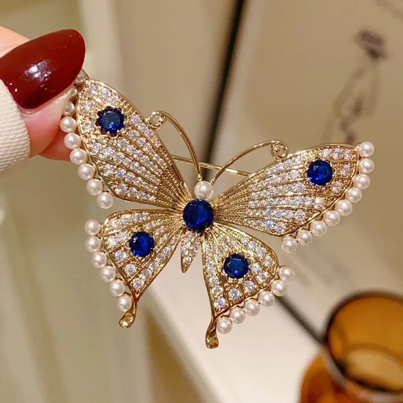 Crystal Zircon Pearl Brooch Flower Phalaenopsis — Blue | KIMLUD