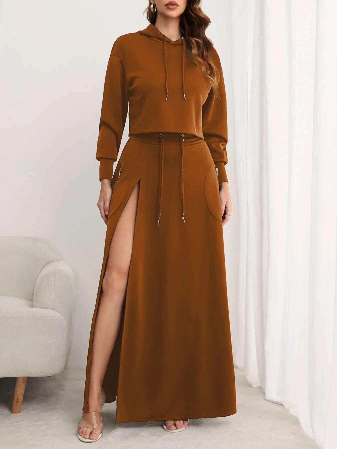 KIMLUD, CM.YAYA Fashion Women's Set Long Sleeve Hooded Sweatshirt and High Side Split A-line Maxi Skirt Suit 2024 Two 2 Piece Set Outfit, KIMLUD Womens Clothes
