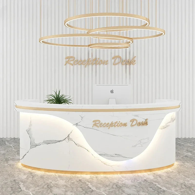 Marble Front Desk Reception Table Brass-Gold Trim — White | KIMLUD