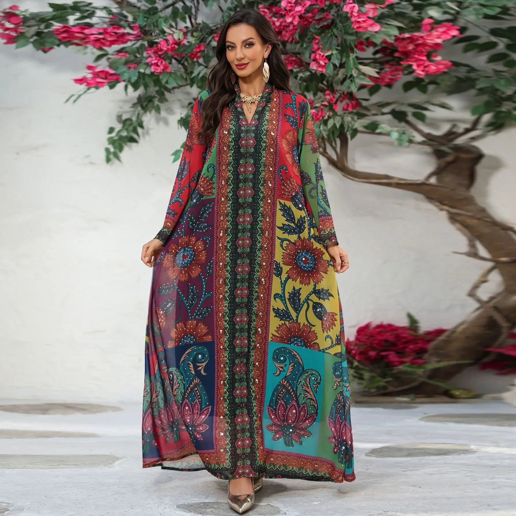 Polyester Abaya Dress Diamond Print — Multicolor | KIMLUD
