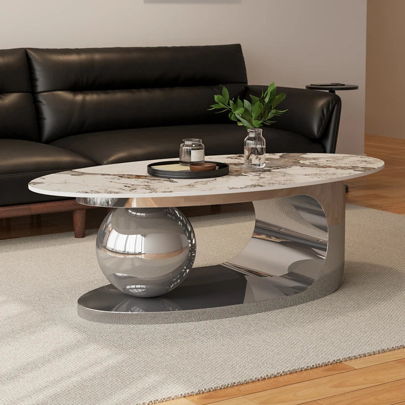 Nordic Designer Minimalist Coffee Table Oval Silhouette Rock Slab Top — Ivory White | KIMLUD