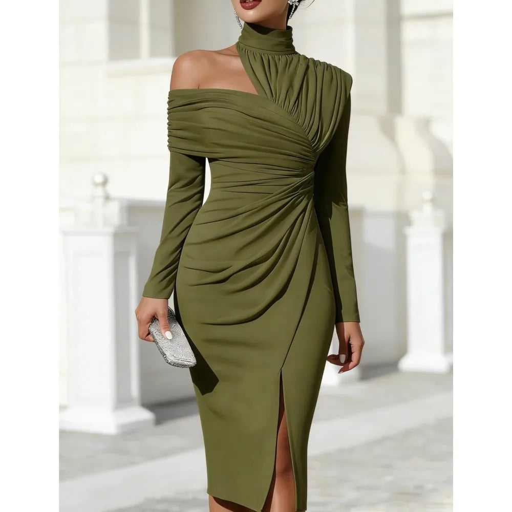 Bodycon Dress – Off Shoulder Asymmetric Ruched – Polyester – White | KIMLUD