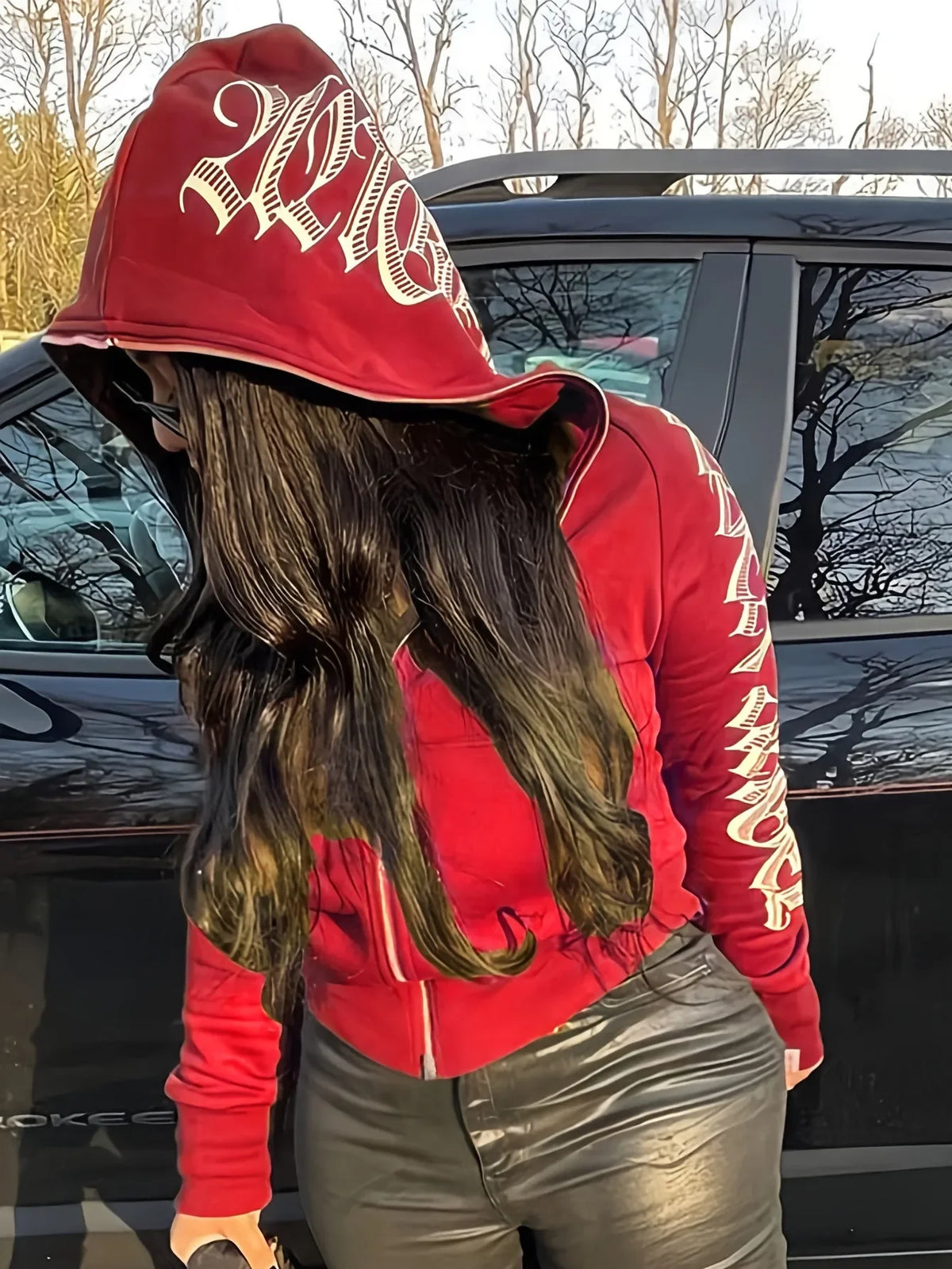 Zip Up Hoodie – Letter Printed – Hooded Silhouette | KIMLUD