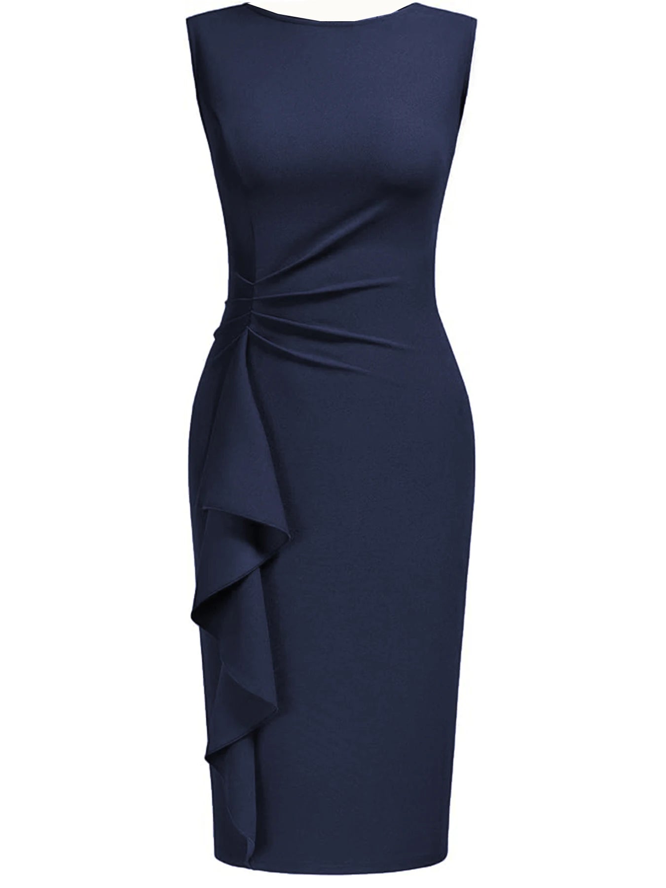 Women Elegant Crew Neck Sleeveless Retro Slim Work Office Cocktail Party Business Ruffle Casual Sheath Bodycon Pencil Dress